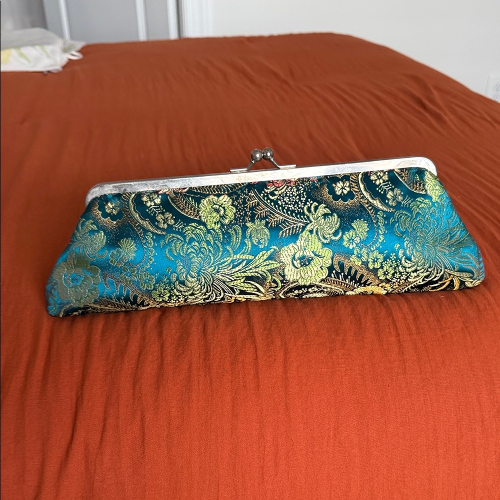 Floral Blue and Gold patterned brocade fabric Clutch with metal frame & clasp
